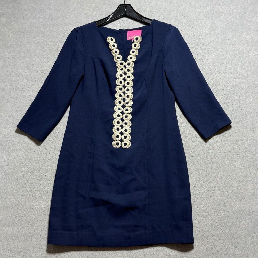 Lilly Pulitzer Breakers Dress Women’s Size 4 True Navy Gold Soutache Embroidery